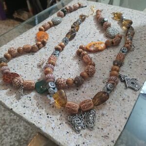 Handmade Wood Beaded unique butterfly Birdcage Charm necklace